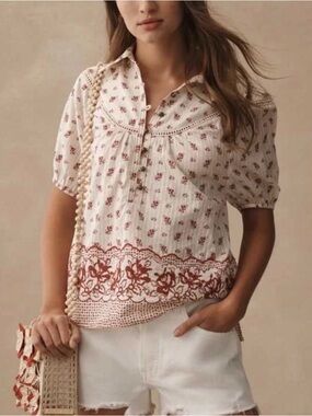 Pilcro floral embroidered popover Bordeaux top